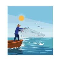 Fisherman casting net over calm blue water in flat art vector
