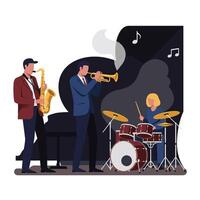 Jazz band performing lively music with instruments in flat art vector