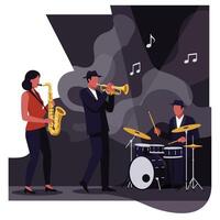 Jazz band performing on stage with instruments in flat art style vector