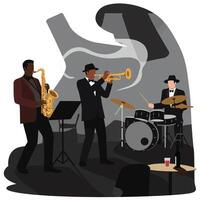 Jazz band performing lively music in flat illustration style with instruments and musicians vector