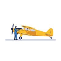 Yellow airplane being serviced by a mechanic in flat illustration vector