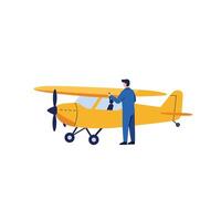 Airplane maintenance technician working on yellow aircraft in flat art vector