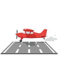 Red airplane taking off from runway in flat art style illustration vector