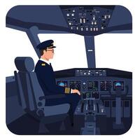 Pilot in cockpit with detailed instruments in flat illustration vector