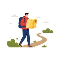 Person exploring nature with a map in hand, minimal illustration vector