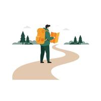 Hiker examining map while standing on winding path in minimal illustration vector