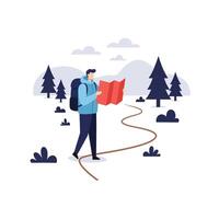 Man with backpack studying map in nature flat illustration vector