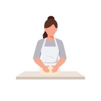 Woman kneading dough on a countertop in a minimal flat illustration vector