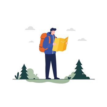 Hiker reading a map in a forest setting flat illustration vector