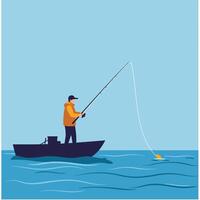 Fisherman casting line on boat in flat bright ocean art vector
