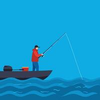 Fisherman casting line from boat in minimal flat art vector