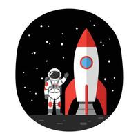Astronaut waving next to a red and white rocket in flat art vector