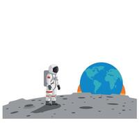 Astronaut standing on the moon gazing at Earth in flat art vector