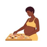 Pregnant woman selecting seashells with a peaceful expression in flat art vector