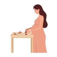 Pregnant woman sorting shells on a table in minimal flat art vector