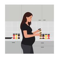 Pregnant woman organizing spice jars in flat illustration style vector