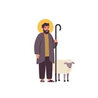 Shepherd standing with sheep in flat, minimal design illustration vector