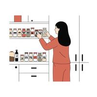 Woman organizing jars on kitchen shelf in minimal flat art vector