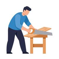Man using a saw on wood in minimal flat style illustration vector