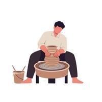 Potter shaping clay on a wheel in minimal flat art vector