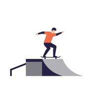 Skateboarder performing tricks on ramp in minimal flat illustration vector