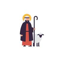 Shepherd guiding sheep in colorful flat art style illustration vector