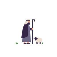 Shepherd standing beside a sheep in flat and minimal art vector