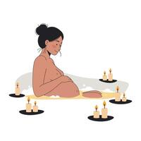 Pregnant woman relaxing in a bath with candles, minimal art vector