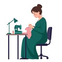 Seamstress working on garment using sewing machine in flat art vector