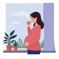 Pregnant woman enjoying a warm drink by the window in flat art dqwsada vector