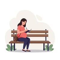Pregnant woman sitting on a bench with a notebook in flat art vector