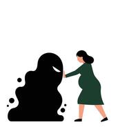 Woman interacting with mysterious shadow in flat art style illustration vector