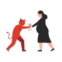 Red devil character interacts with pregnant woman in minimal art vector