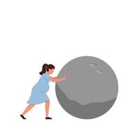 Woman pushing a large boulder in a minimal flat design illustration vector