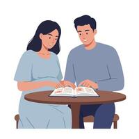 Couple reading a book together in a flat and minimal illustration vector