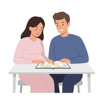 Couple reading together at a table in minimal flat illustration vector