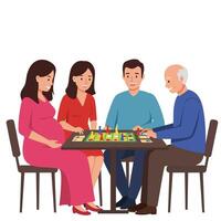 Family members enjoying a game night at home in flat art vector