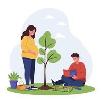 Pregnant woman planting a tree in a minimal flat illustration vector