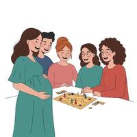 Group of friends playing board game with expecting mother in flat art vector