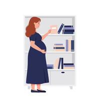 Pregnant woman selecting books from a white bookshelf in flat art vector