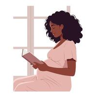 Pregnant woman reading book in cozy setting with minimal design art vector
