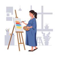 Artist creating colorful painting at easel in minimal flat illustration vector