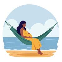 Pregnant woman relaxing in hammock by the beach in flat art vector
