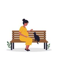 Pregnant woman interacting with cat on a bench in minimal art vector