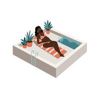 Woman relaxing by the pool in a minimal flat design illustration vector