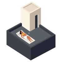 A woman relaxing on a bed in a minimal, modern room, illustration vector