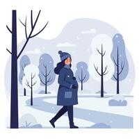 Woman in winter outfit walking through a snowy landscape in flat illustration vector
