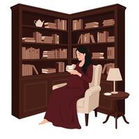 Pregnant woman enjoying tea in cozy library setting with flat art vector