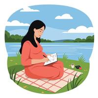 Woman sketching by the river in a serene, flat style art vector