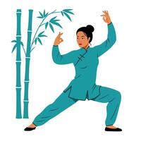 Woman practicing martial arts in a serene setting with minimal bamboo flat art vector